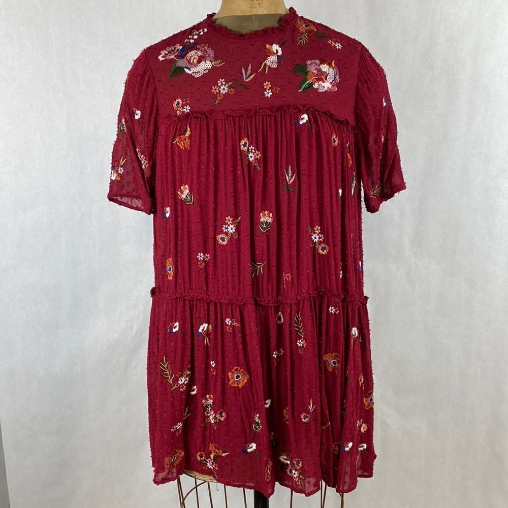 Zara Woman Floral Sequin Dress Embroidered Swiss Dot Burgandy Red Small